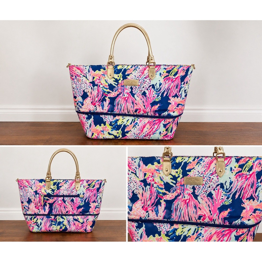 Lilly Pulitzer Tote Bag Floral Navy Pink Multicolor Gold Handles Zippered 13.5"
